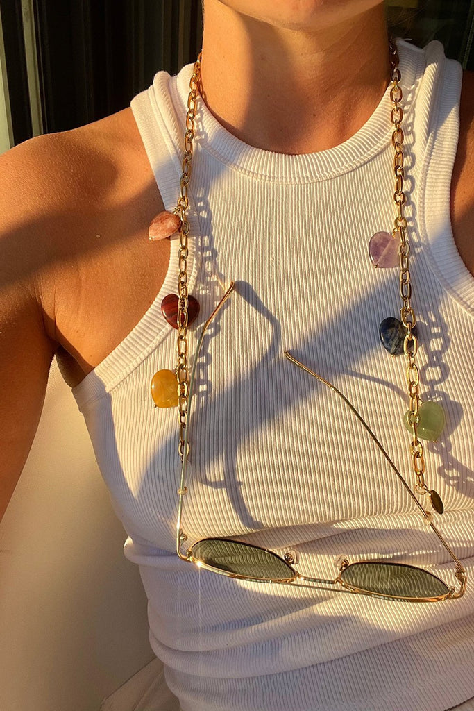Gemstone hearts 18k gold plated chain eyewear holder