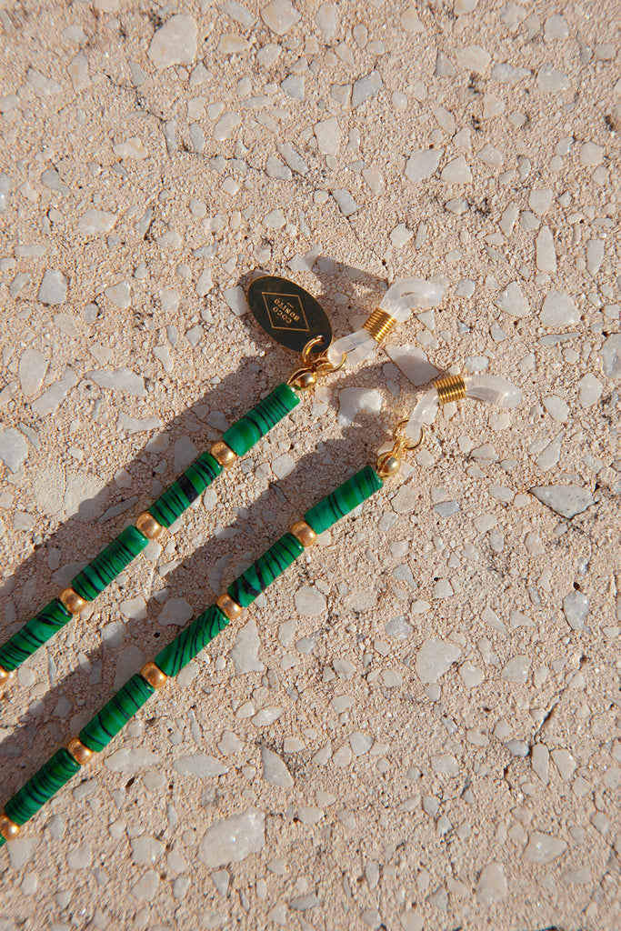 Green malachite gemstone gold beads eyewear chain accessory